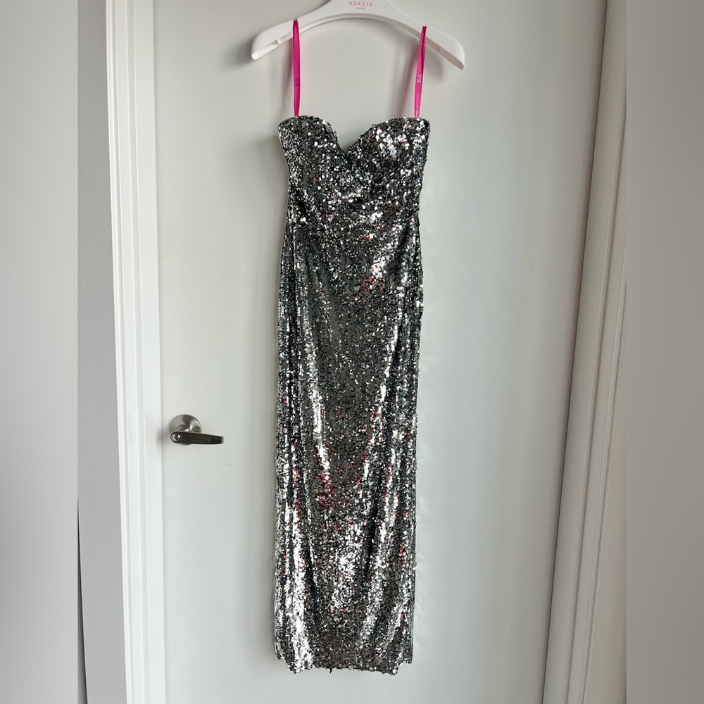 Azazie Barbie Silver Sequin Strapless Dress